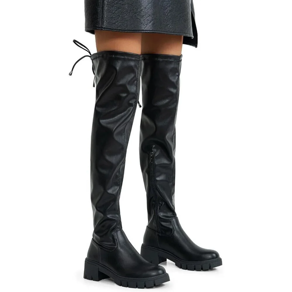 Women's Platform Boots-990-black Pu Over The Knee Thigh High Round Toe Long Boot